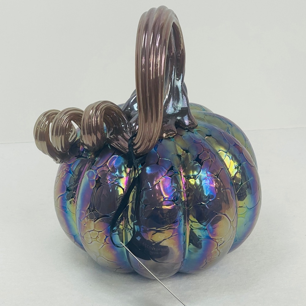 Tahari Home Iridescent Glass Pumpkin Oil Slick Rainbow Bubble Decor 7.5 Inch NEW - Picture 2 of 16